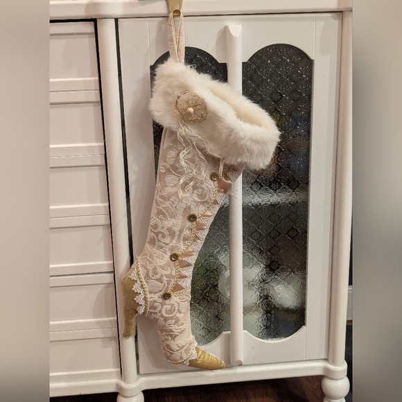 Luxury Ivory Gold Brocade High Heel Boot Christmas Stocking Faux Fur - Picture 3 of 7